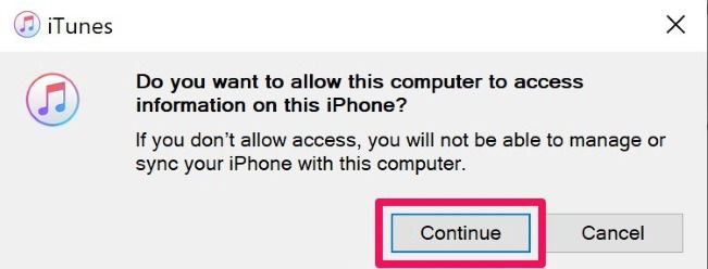 Запрос доступа iTunes к iPhone на ПК