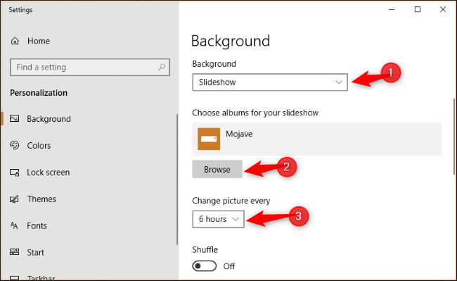 Настройки слайд-шоу в Windows с выбором папки и интервала