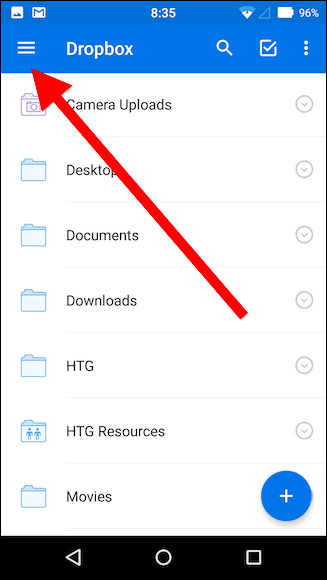 Меню приложения Dropbox на Android — три полоски в левом верхнем углу
