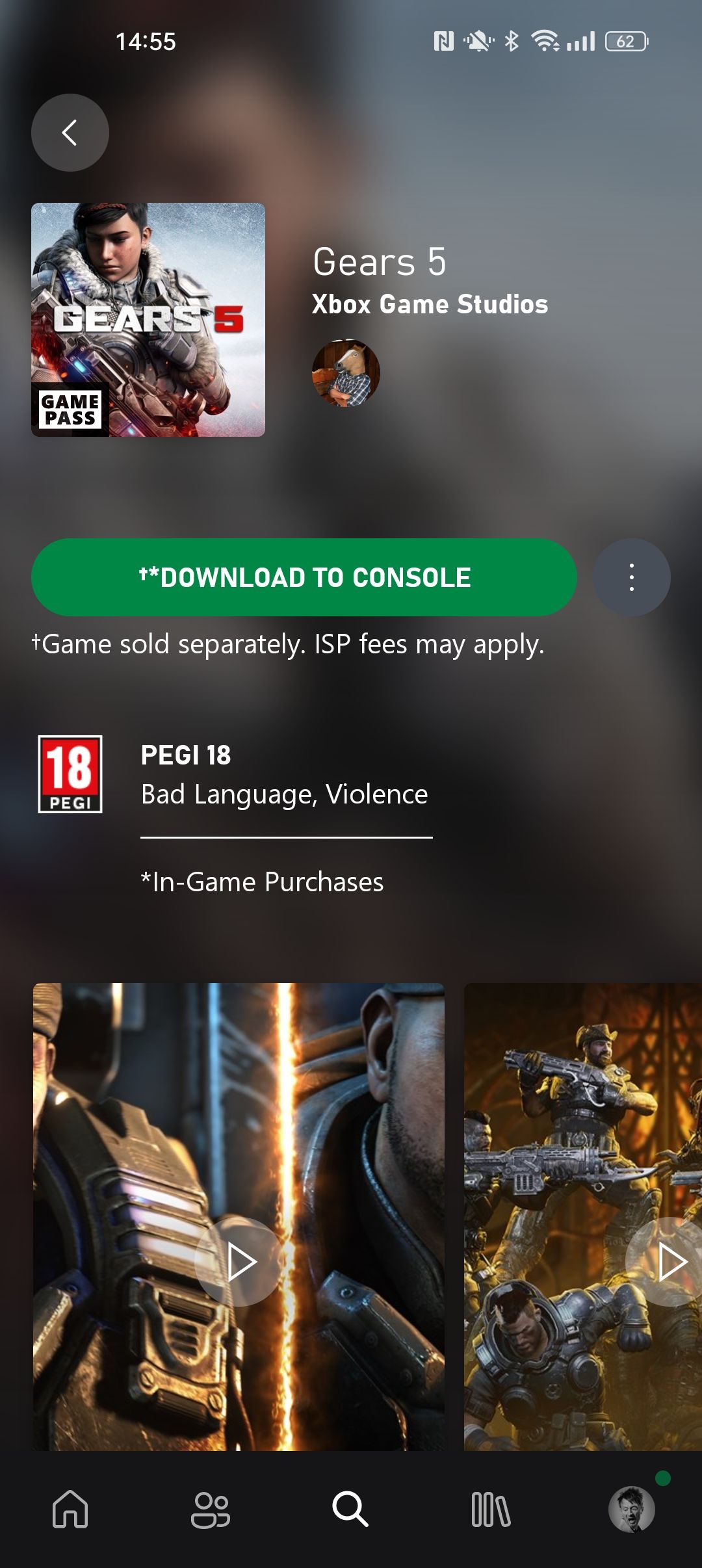Скриншот карточки игры в приложении Xbox с опцией Загрузить на консоль
