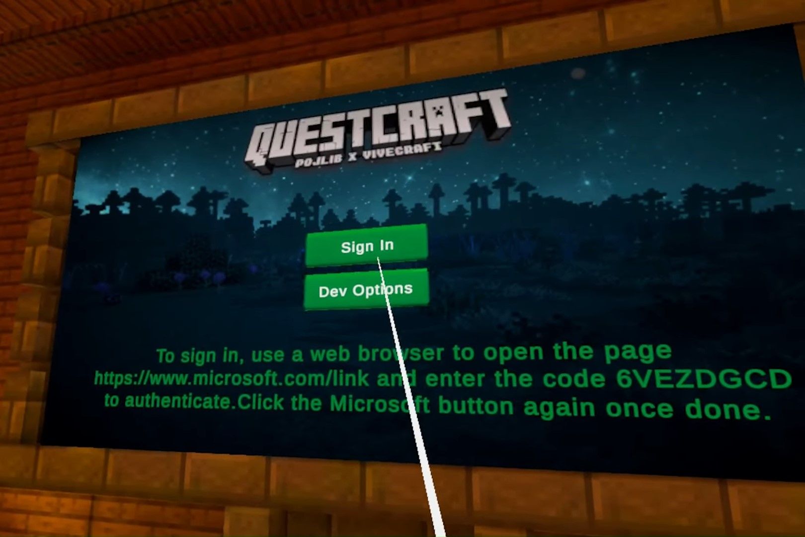 Экран входа QuestCraft с кодом для аутентификации