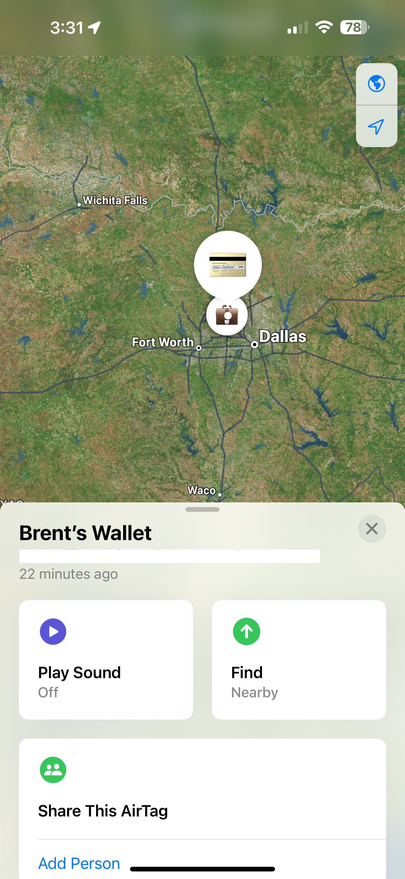 информация об AirTag в Локаторе