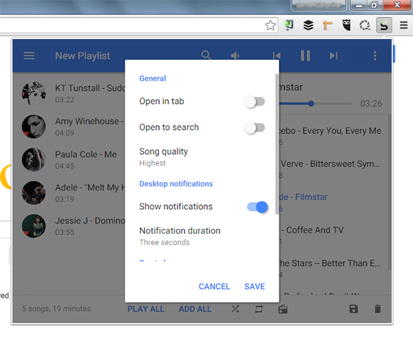 Окно настроек Streamus для качества аудио и уведомлений.