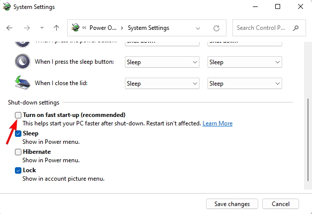 Отключение опции Включить быстрый запуск