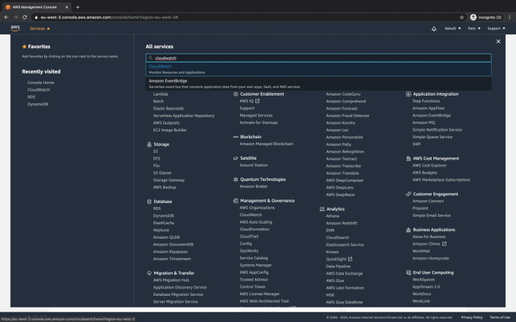 Поиск CloudWatch в консоли