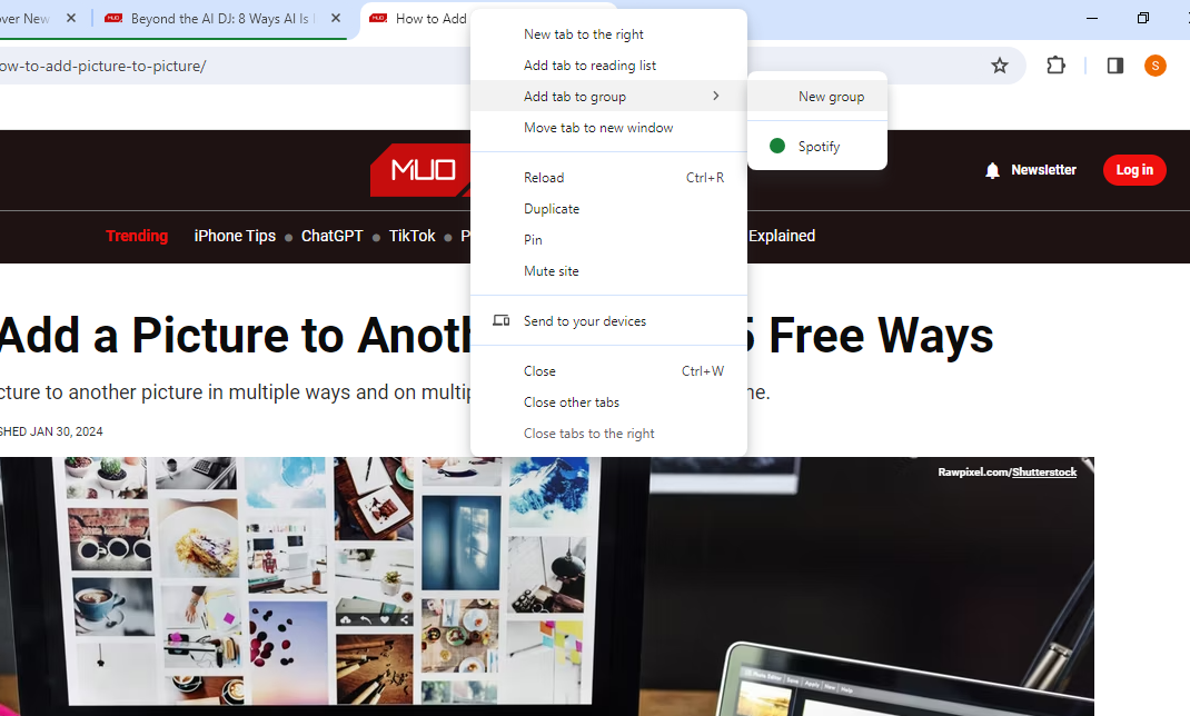 Создание новой группы вкладок в Chrome