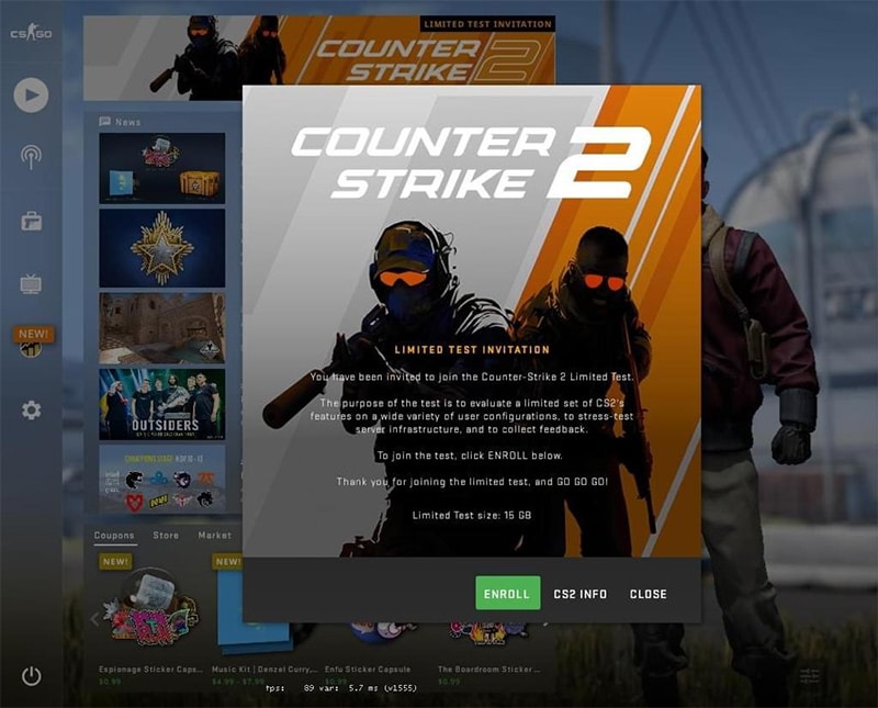 Баннер приглашения в Counter-Strike 2 в меню CS:GO