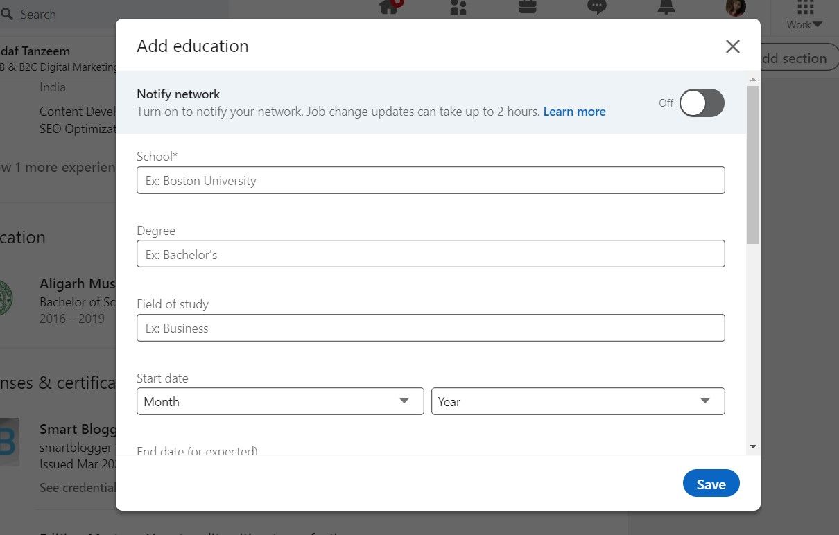 Раздел 'Образование' в LinkedIn