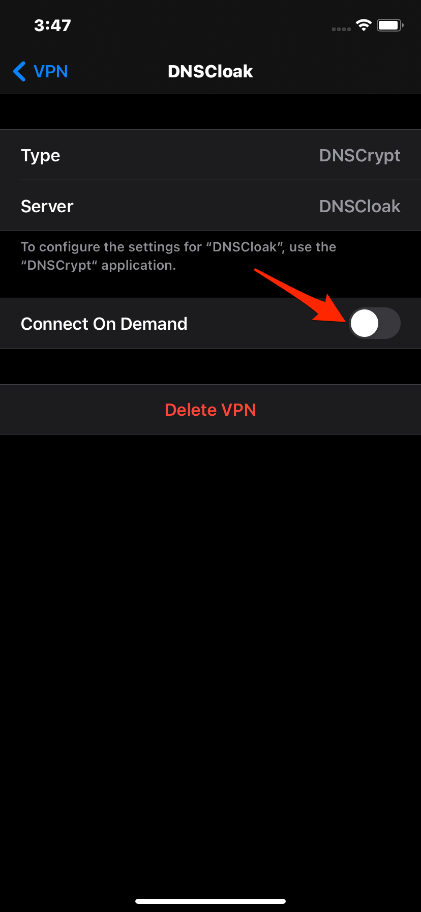 Подробности VPN-профиля DNSCloak на iPhone