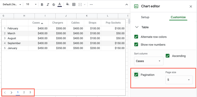 Постраничная навигация для таблицы-диаграммы