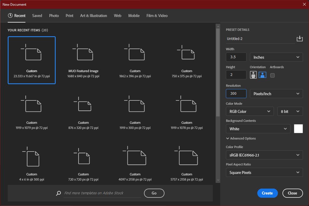 Скриншот окна создания нового файла в Adobe Photoshop