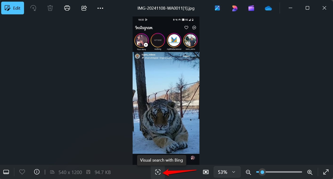 WindowsフォトビューアーのBingによるビジュアル検索ボタン