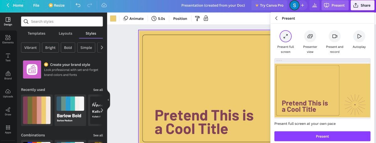 Запуск презентации в редакторе Canva после конвертации