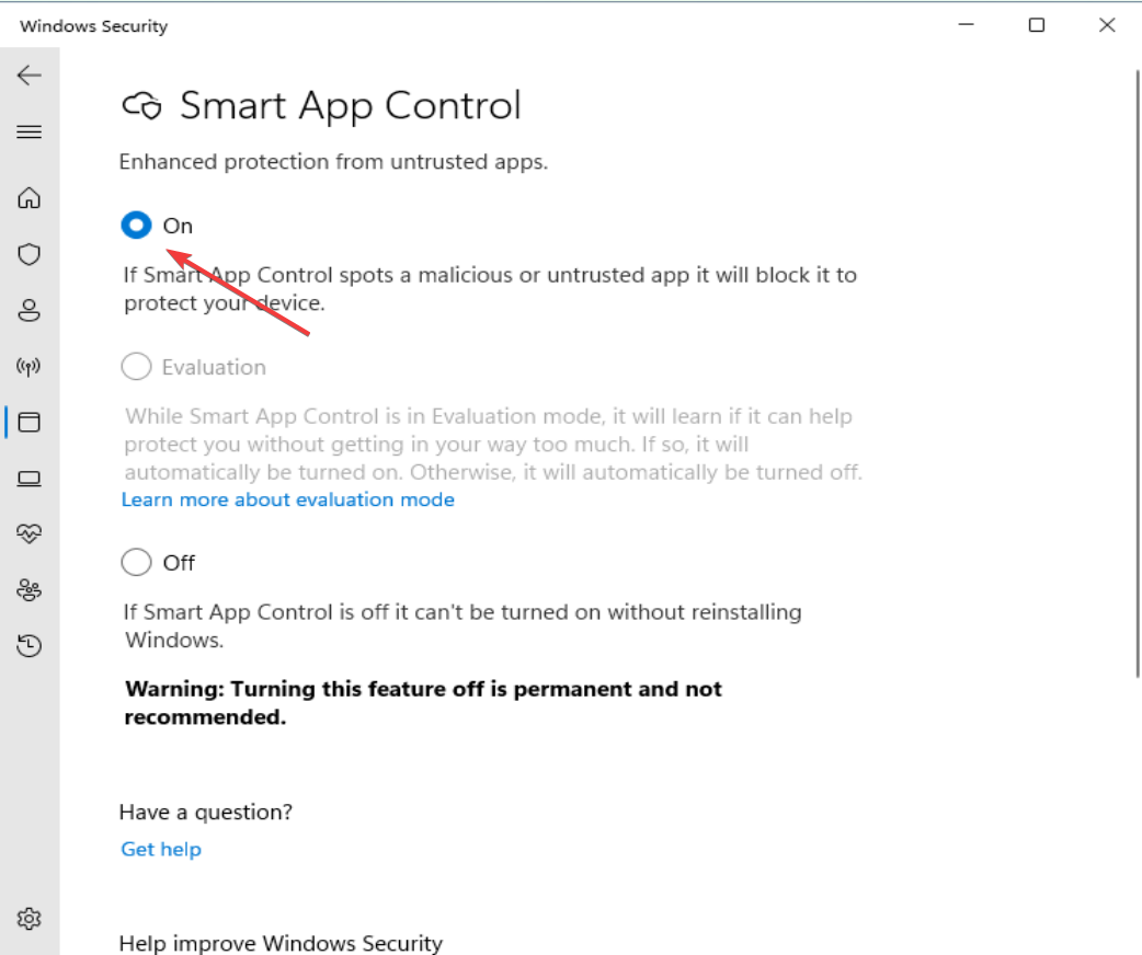 Переключатель включения Smart App Control