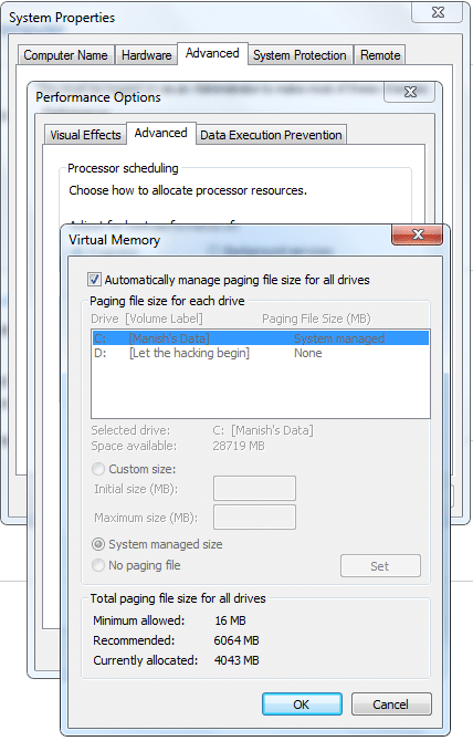 Диалог настройки файла подкачки в Windows
