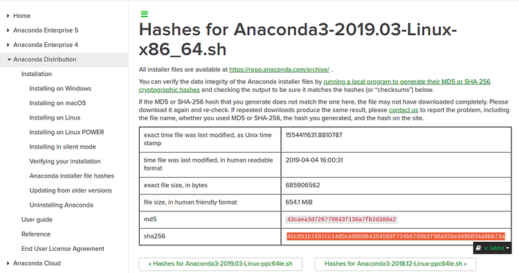 Страница загрузки Anaconda с SHA256 и ссылками на инсталляторы