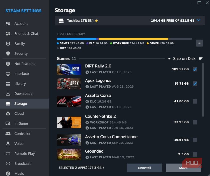 Выбор игр и кнопка Move в менеджере хранения Steam