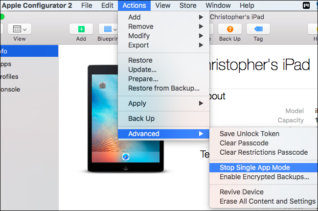 Кнопка Stop Single App Mode в Apple Configurator