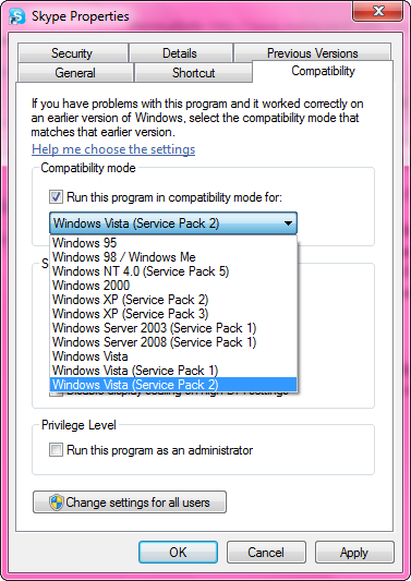Выбор режима совместимости для программы Skype