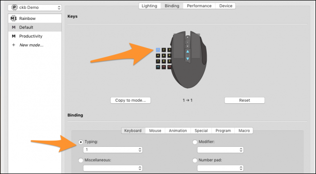 Список доступных действий: модификаторы, функциональные клавиши, кнопки мыши и колёсико
