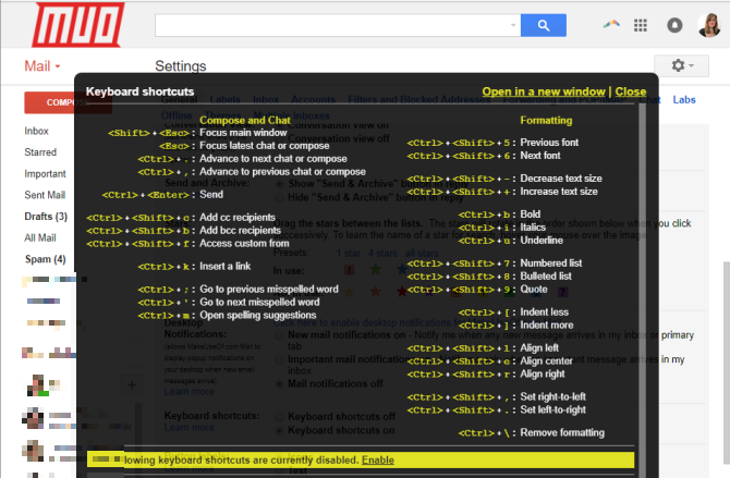 Наложение с подсказкой сочетаний клавиш в Gmail.