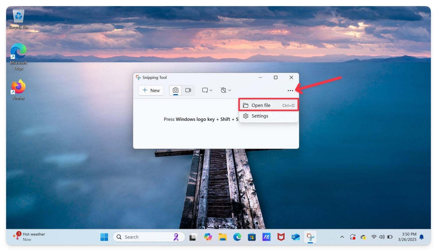 Открыть файл в Snipping Tool Windows 11