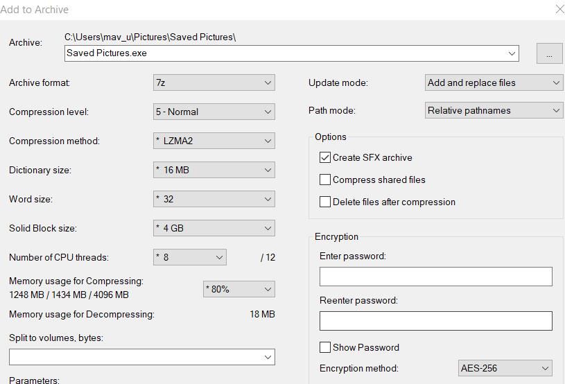 Окно добавления в архив 7‑Zip