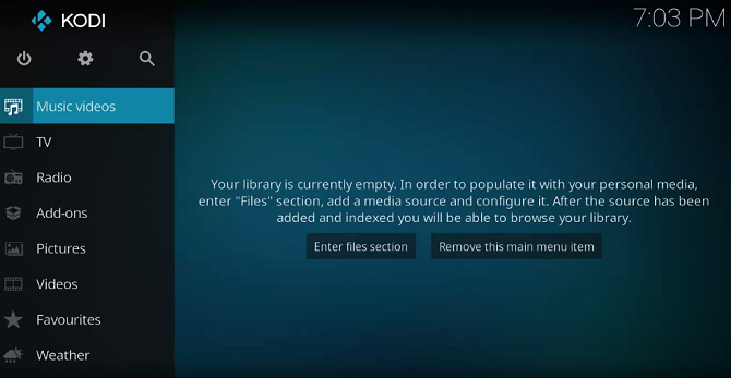 Интерфейс Kodi на первом запуске