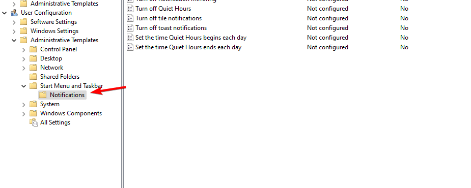 Путь в Редакторе групповой политики к уведомлениям