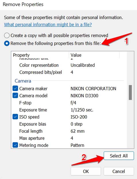 Выберите метаданные для удаления
