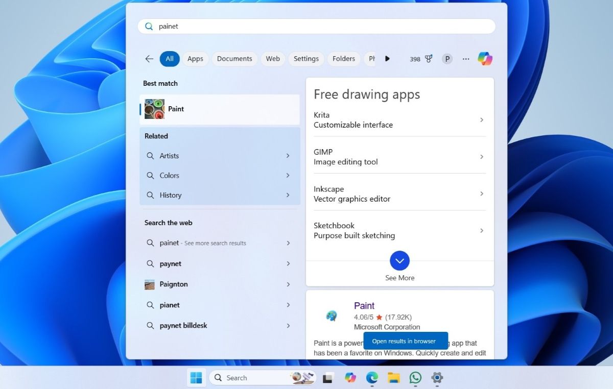 Меню Пуск с результатами поиска в Windows 11