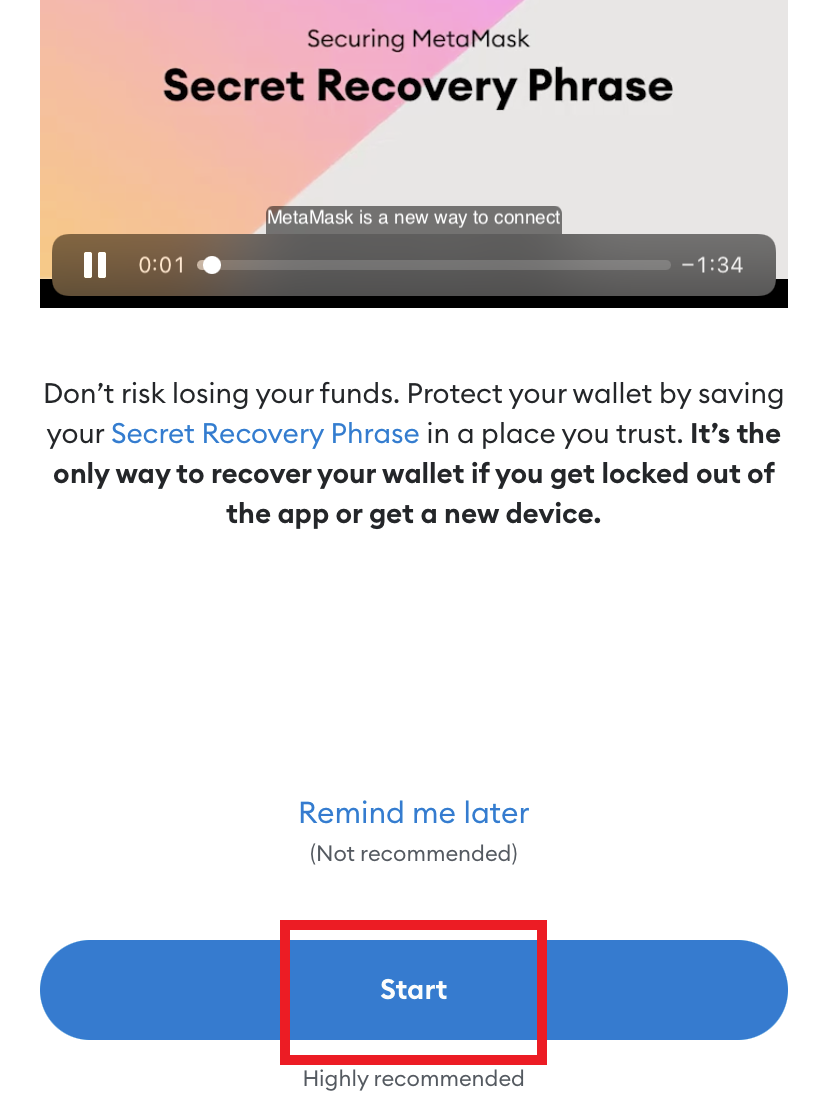 видео о важности Secret Recovery Phrase с кнопкой Start