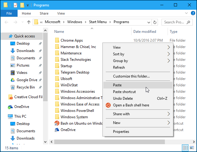Вставьте ярлык в папку программ меню «Пуск»