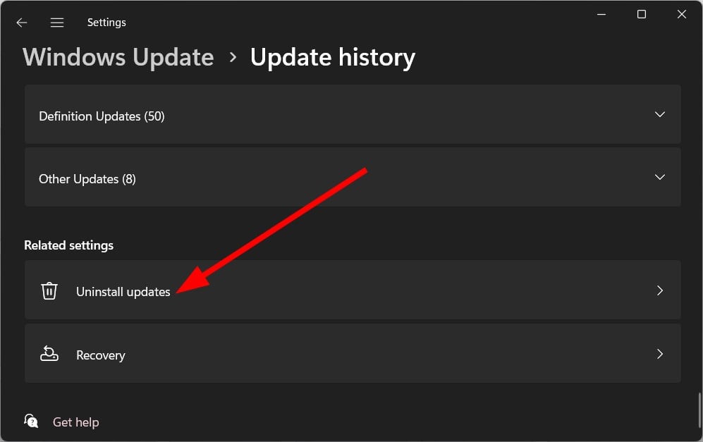 Список установленных обновлений — кнопка Удалить обновления