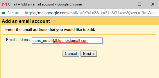 Добавление почты Bluehost в Gmail — диалог настройки