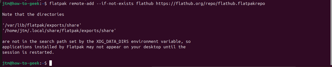 Терминал Ubuntu с командой добавления основного репозитория flathub для Flatpak