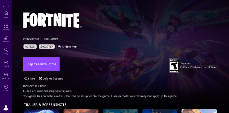 Загрузка Fortnite через Amazon Luna на Mac