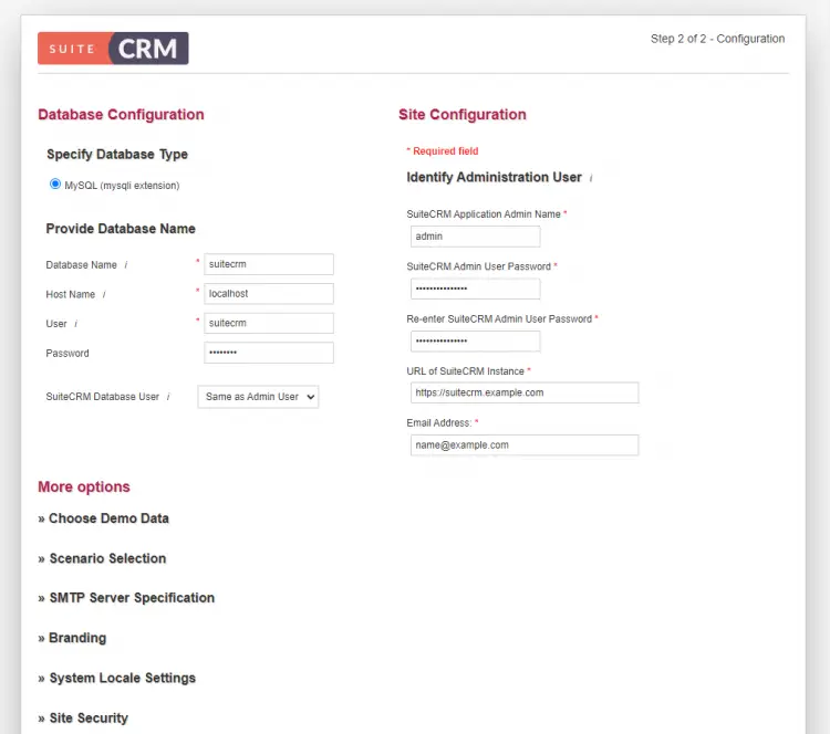 Страница конфигурации SuiteCRM