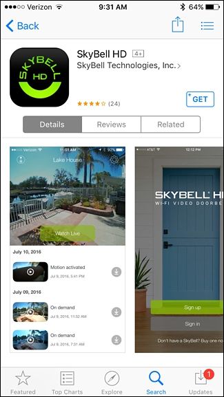 Смартфон с App Store и Play Store, готовый для скачивания SkyBell