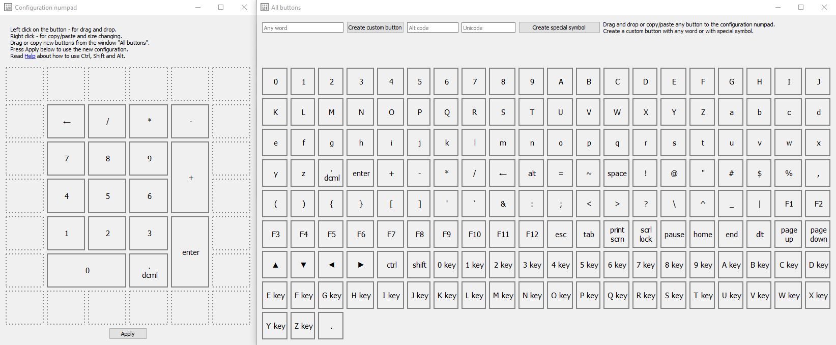 Настройки эмулятора Numpad: размер, интервалы и набор клавиш