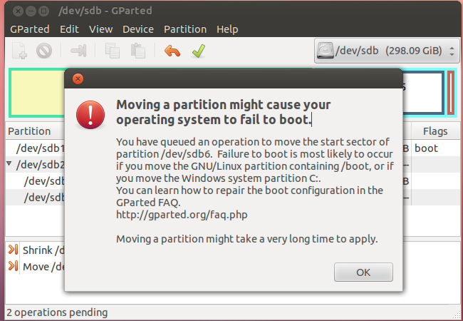 Предупреждение GParted о перемещении начального сектора