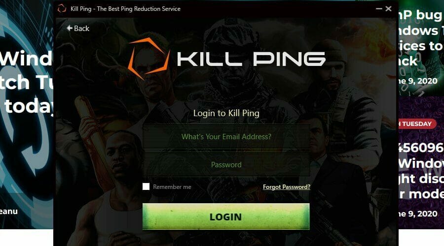 Окно входа в Kill Ping
