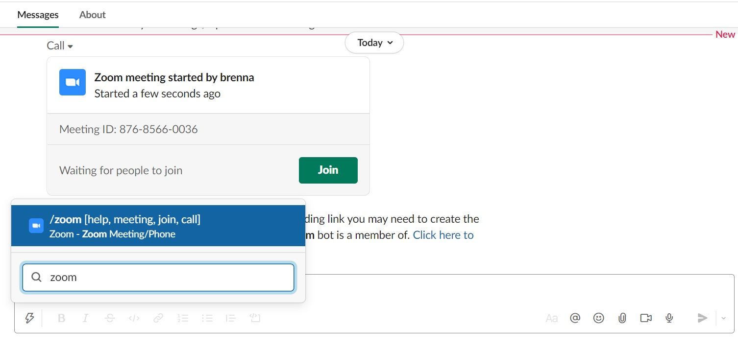 Интерфейс Zoom в Slack: команды для запуска и присоединения к звонку