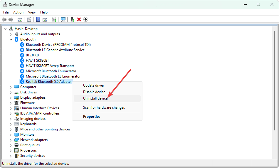 Переустановка драйвера Bluetooth в Windows 11