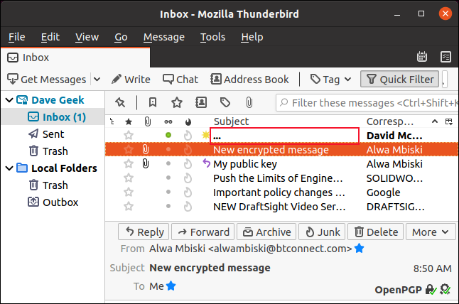 Заголовок зашифрованного письма скрыт многоточием