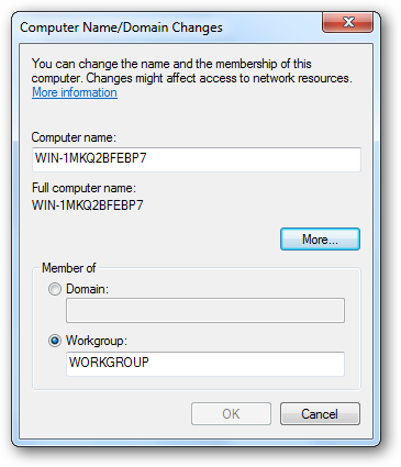 Окно изменения имени компьютера