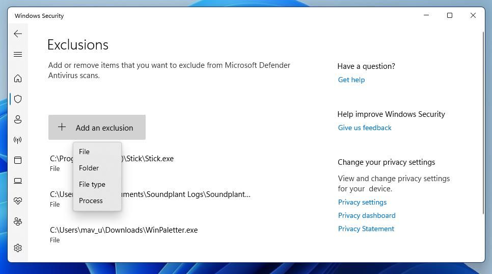 Кнопка Добавить исключение