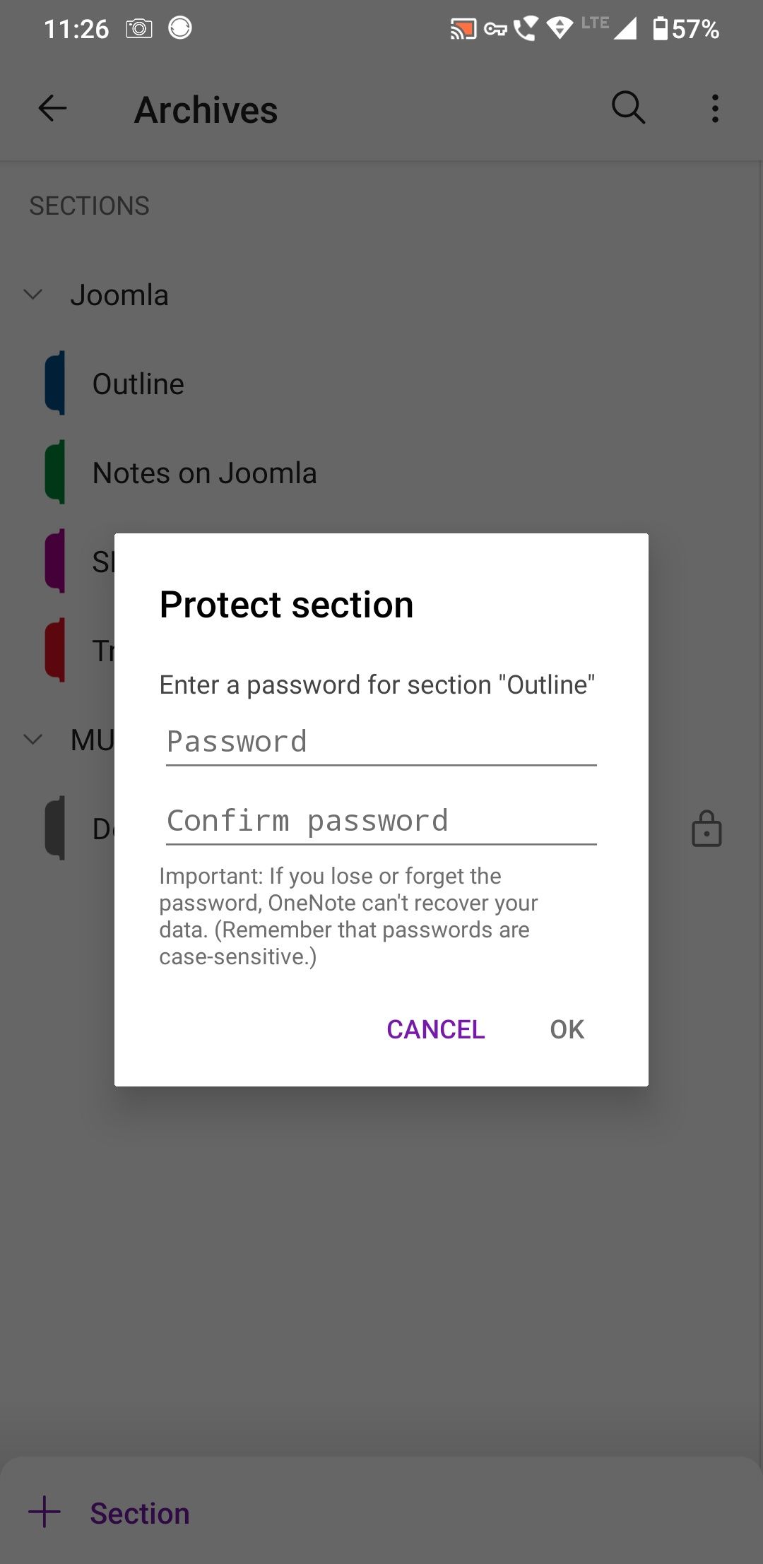 Ввод пароля в OneNote Android