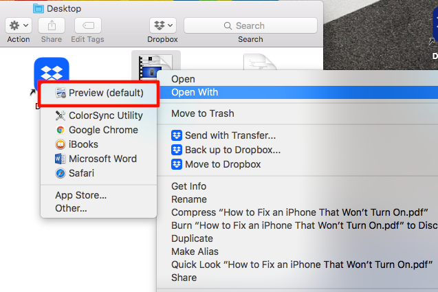 Контекстное меню файла PDF с опцией Открыть с помощью > Preview.