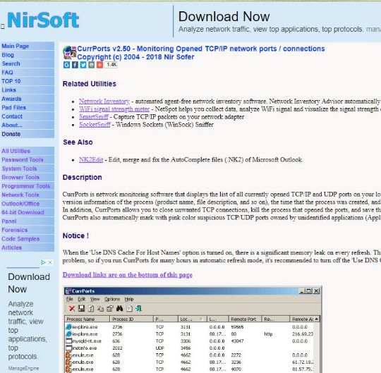 Pagina di download di CurrPorts su NirSoft